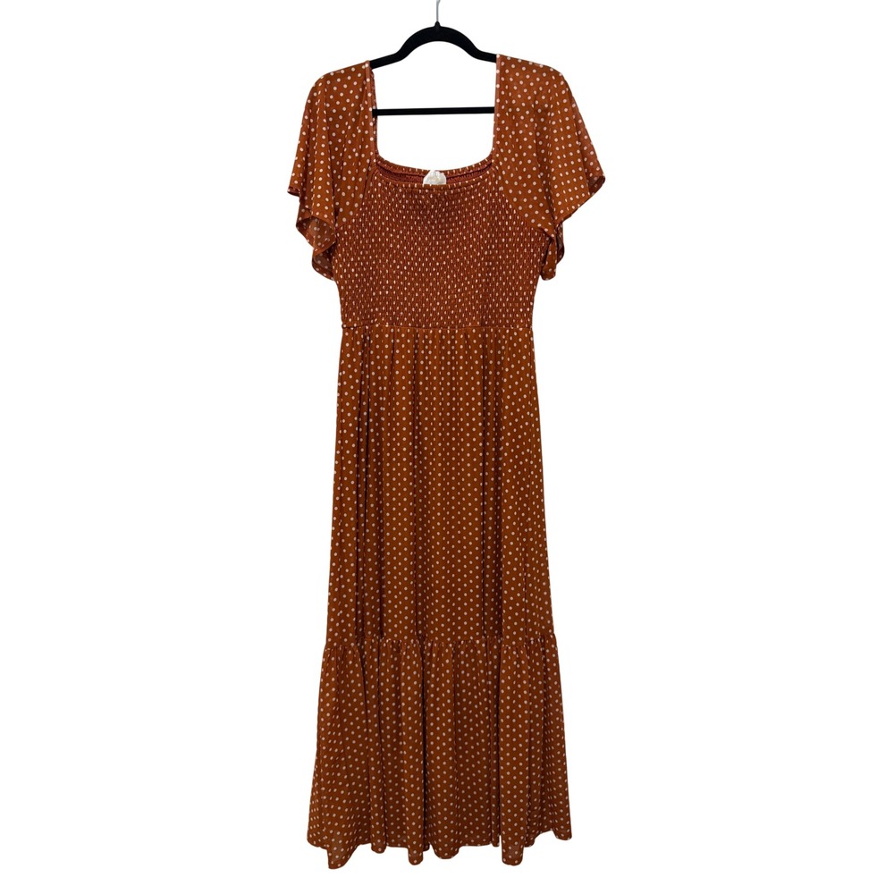 Sirenlily Rust Brown Polka Dot Smocked Maxi Dress Flutter Sleeve Tiered Large